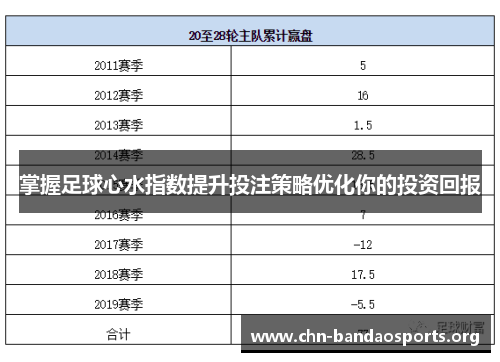 掌握足球心水指数提升投注策略优化你的投资回报 掌握足球心水指数提升投注策略优化你的投资回报